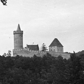 Castle sits atop a hill, surrounded by dense forest.