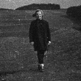 Person walks along a road in a landscape.