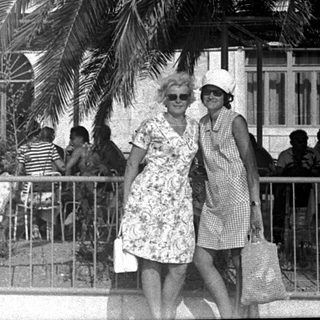 Two women stand near a palm tree, outdoors.