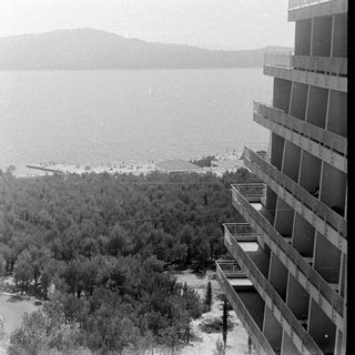 Coastal landscape with a building overlooking trees and water.