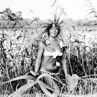 Here's a brief summary of the image: Woman adorned with foliage stands in tall grass by water.