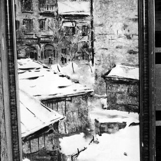 Black and white painting depicts a snowy urban scene.