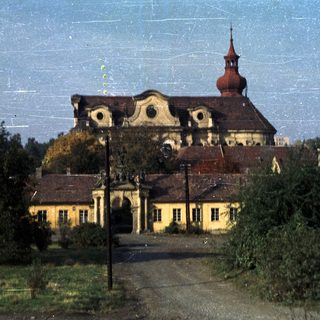 Old building with a tower, seen through trees.