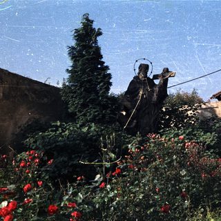 Statue of a religious figure amid overgrown foliage and ruins.