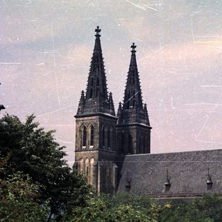Cathedral with twin spires stands behind lush greenery.