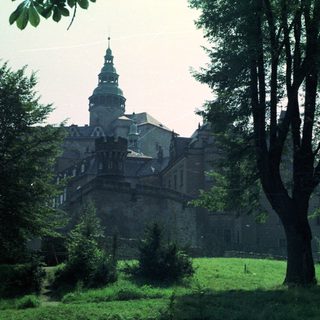 Historic castle with tower, partially obscured by trees.
