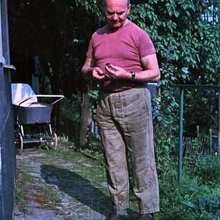 Man in a garden, examining something in his hands.