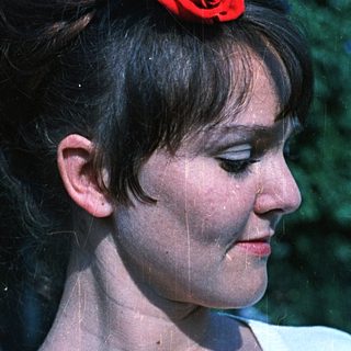 Woman with updo and red rose hair accessory.