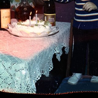 Woman and toddler near a birthday cake and wine.