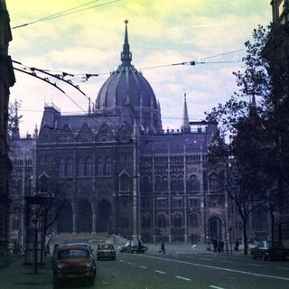Parliament Building in Budapest, viewed from a street.