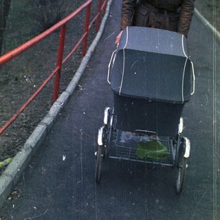 Person walks along a path, pushing a vintage baby stroller.