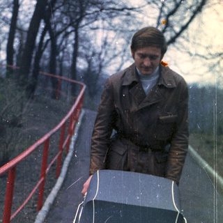 Person walks along a path, pushing a vintage baby stroller.