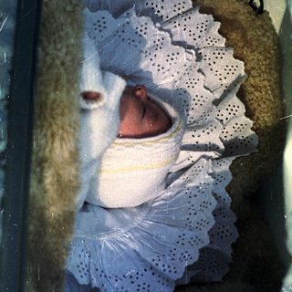 Baby sleeps peacefully in a lace-trimmed cradle.