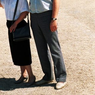 Couple stands in front of a grand palace garden.