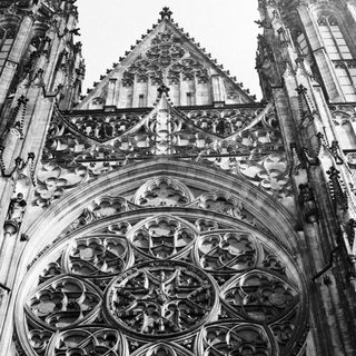 Black and white image of Gothic cathedral architecture.
