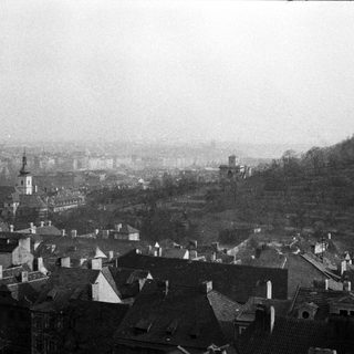 Overlook of a city with rooftops and a forested hill.