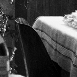 Vintage room with a small tree, champagne, and fruit.