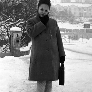 Woman in a coat stands in snowy, wintry landscape.
