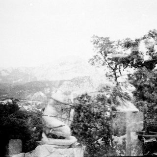 Stone steps ascend a hillside with trees and mist.
