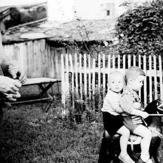 Two young children ride a tricycle in a yard.