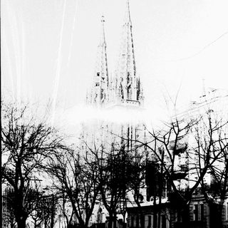 Here's a brief summary of the image: Cathedral with towers visible through trees in a misty scene.
