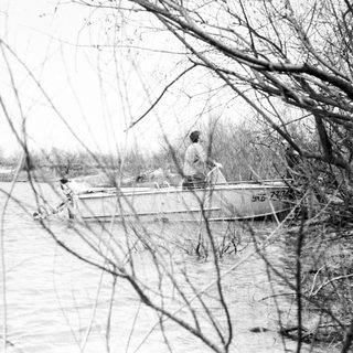 Man in boat along riverbank, obscured by branches.