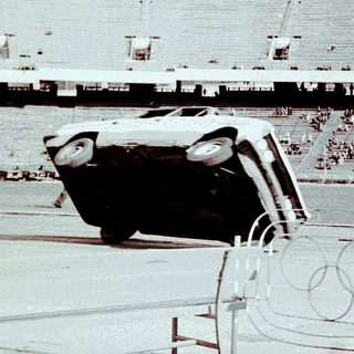 Flipped car at the 1972 Munich Olympics stadium.