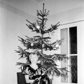 Woman seated with a small, decorated Christmas tree.