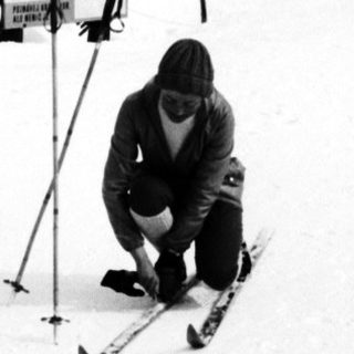 Here's a brief summary of the image: Skier pauses near a signpost in a snowy, wooded landscape.