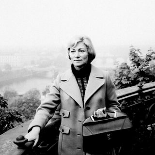 Here's a brief summary: Woman stands on a ledge overlooking a foggy city.