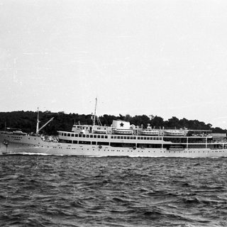 Black and white image of a ship at sea.