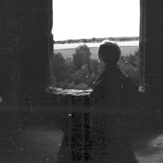 Silhouette of a person looking out a window toward a landscape.