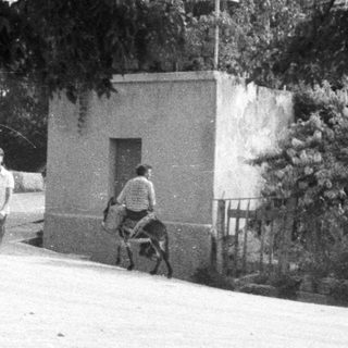 People walking, a person on a donkey, roadside building.