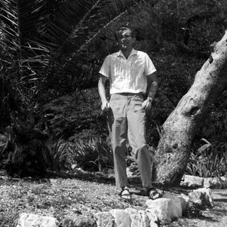 Man standing in a tropical garden with palm trees.