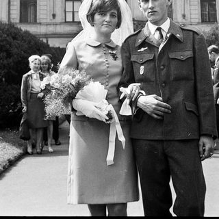 Black and white photo of a bride and groom.