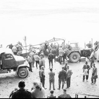 Group of people gather near vehicles and a tent.