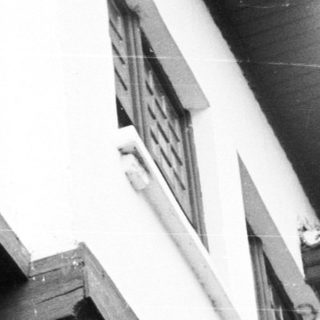 Statue, building, foliage, and a balcony visible in monochrome.