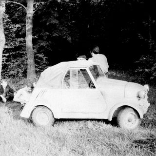 Vintage car and people in a grassy, wooded area.
