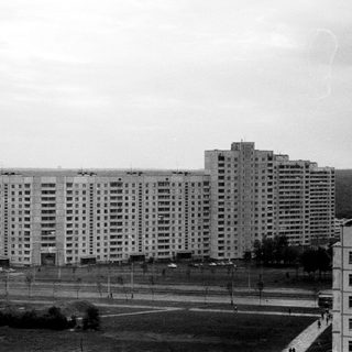 Monochrome view of tall apartment buildings and green space.
