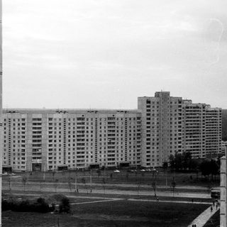 Monochrome view of tall apartment buildings and green space.