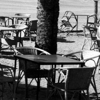 Pyramids viewed from beachside café patio.
