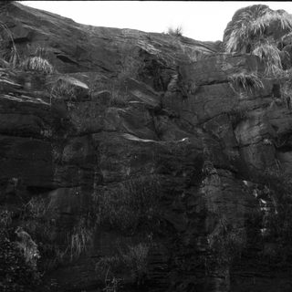 Dark, rugged cliff face with moss or lichen.