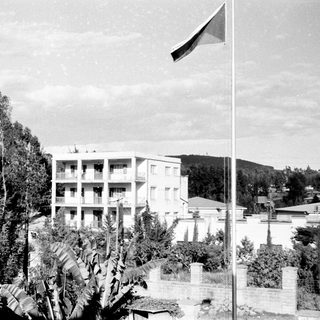 Historic building with flagpole, greenery, and multi-story structure.