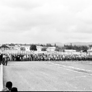 Large crowd gathered outdoors in organized formation.
