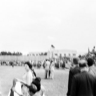 Mass gathering with military presence outside building.