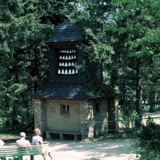 Small wooden chapel nestled in forested area.