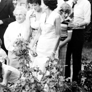 Family gathering outdoors in garden, 1970s.