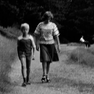 Three people and a dog walking on a forest path.