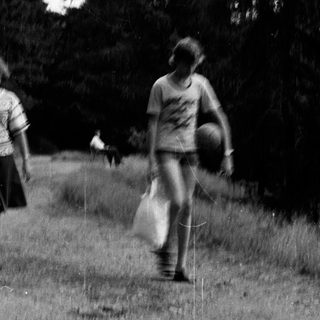 Three people and a dog walking on a forest path.
