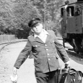 Steam locomotive train with passenger boarding near forested area.